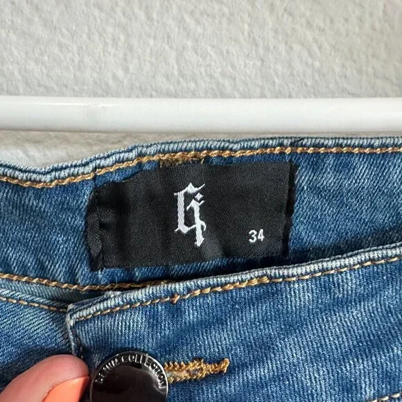 Blue Denim Patchwork Stretch Jeans Slim Fit Flared Pants - Picture 5 of 7